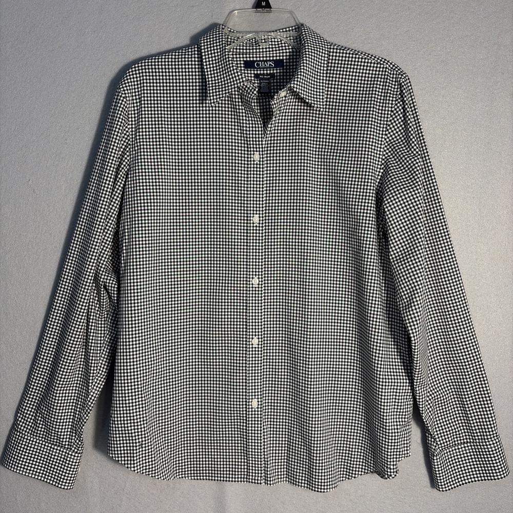 Chaps Women Classic Gingham No Iron Button Down Shirt Size XL White Black
